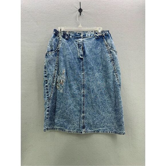 Pretty Bleu Dresses & Skirts - Vintage 80s Pretty Bleu Womens Blue Acid Wash Beaded Embellished Jean Skirt Size